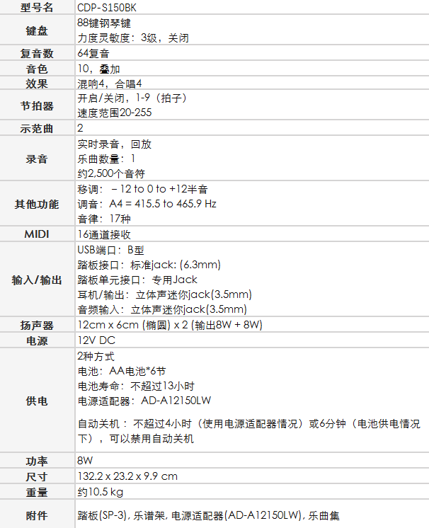 卡西欧（CASIO）CDP-S150BK 88键电钢琴（包含琴头，琴架，三踏板）-中